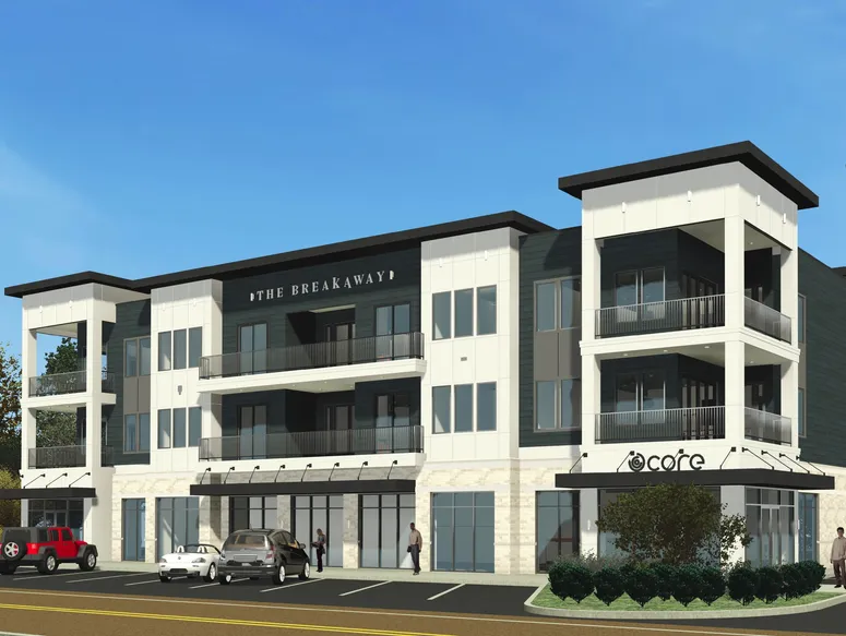 Exterior rendering of The Breakaway Oxford — a three-story mixed-use building at 1009 North Lamar Boulevard