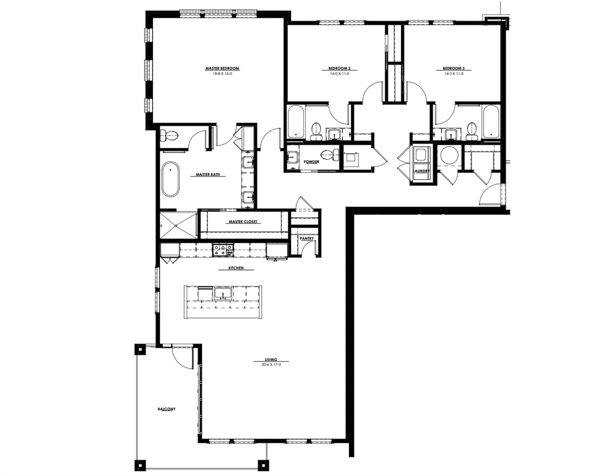 Floor plan for corner units 201, 301, and 303 at The Breakaway Oxford