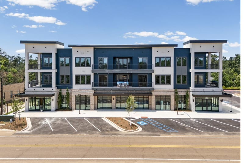 The front elevation of The Breakaway on North Lamar Boulevard, seen from the air