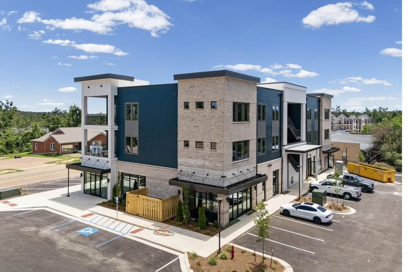 Aerial view of The Breakaway showing the ground-floor storefronts