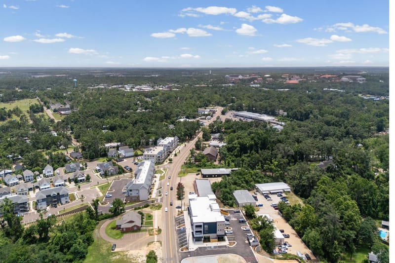 Aerial view south from The Breakaway toward the Oxford Square and the University of Mississippi