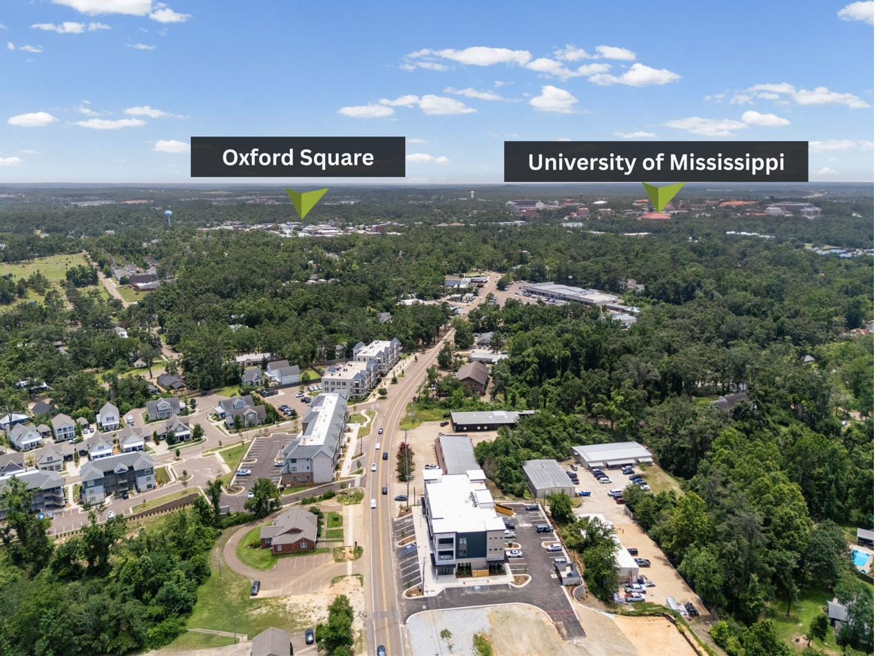 Aerial view from The Breakaway with the Oxford Square and the University of Mississippi labeled on the horizon